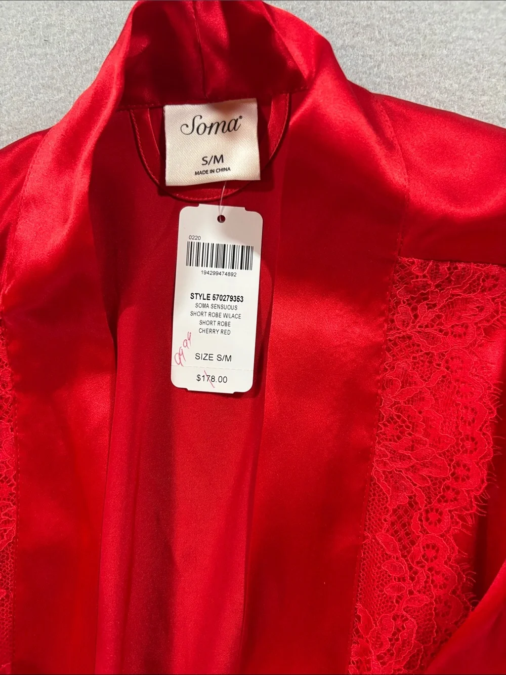 SOMA 100% Silk Red  Lace Chemise & Robe Set - Women's Intimates S